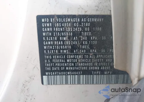 2012 Volkswagen Tiguan S from USA, damaged, VIN WVGAV7AX6CW546437